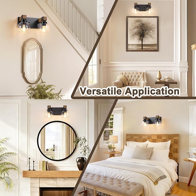 Farmhouse Bathroom Vanity Light, 2-Light Wood Bathroom Light Fixtures Over Mirror, Black Vanity Lighting Fixtures with Glass Shades, Rustic Bathroom Lighting for Living Room Bedroom Hallway