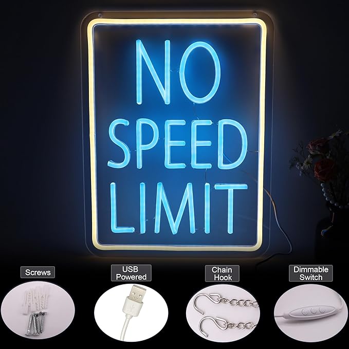 No Speed Limited LED Neon Sign, Cool Garage Sign, Race Cars Themed Bedroom Decor USB Powered Neon Light for Man Cave, Game Room, Teen Boy Decor Bar & Auto Lovers Holiday Birthday Gift