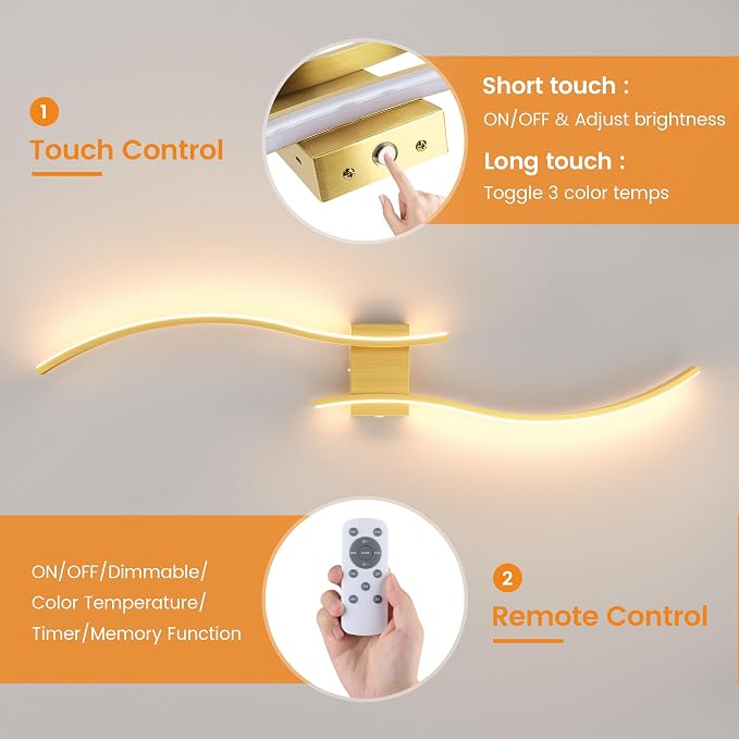 VOLISUN Battery Operated Wall Sconces Set of Two, 39.4 inch Wireless Wall Sconces, 3000K-6500K Dimmable Wall Lamps with Remote, Rechargeable Gold Wall Lights for Living Room, Hallway, Bedroom