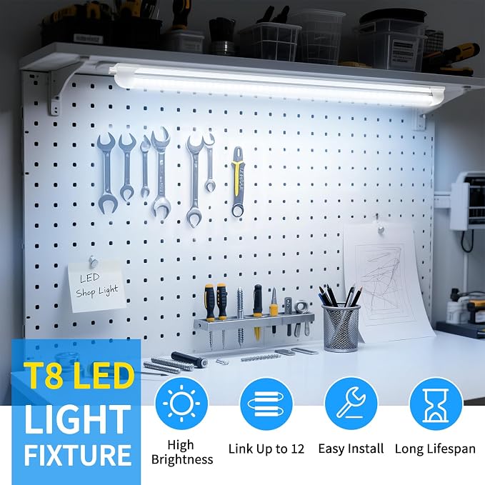 CNSUNWAY LED Shop Light 2FT, 22W 3300LM 6500K, V-Shape T8 LED Tube Lights | Ceiling and Utility Shop Lights, Linkable Light Fixture for Workshop, Garage, Workbench, Warehouse, ETL Listed (2 Pack)