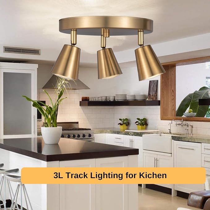 3 Light Track Lighting Kit, Matt Brass Finish Canopy with Moden Flush Mount Ceiling Spotlight for Kitchen,Dining,Living Room,Home Improvement