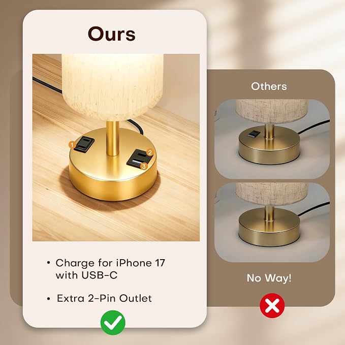 MOICO Bedside Table Lamp for Bedroom, 3-Way Dimmable Nightstand Lamp with USB C, USB A Ports & AC Outlet, Small Table Lamp Fabric Shade for Living Room Dorm Office, LED Bulb Included (14in Gold)