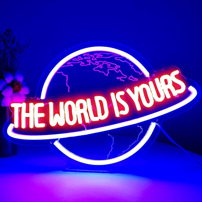The World Is Yours Neon Sign, Remote Dimmer Planet LED Neon Light Lamp for Wall Decor, USB Power for Man Cave Home Bar Bistro Club Cafe Wedding Game Room Bedroom Birthday Gift Graduation Party
