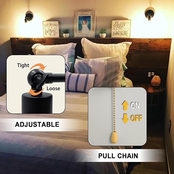 2-Pack Hardwired Pull Chain Wall Sconce, Black Wall Light Fixtures with Switch Indoor E26 Adjustable Small Sconces with Pull String for Kitchen Bedroom Hallway