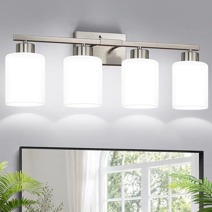 Brushed Nickel Bathroom Light Fixtures with Milk Glass Shades, Eye-Friendly 4 Light Vanity Lights for Bathroom, Vanity Lights with E26 Socket (Bulbs Not Included), for Mirror, Bedroom, Hallway