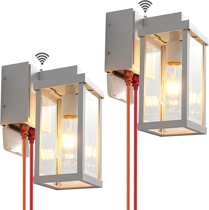 Porch Lights with GFCI Outlets Dusk to Dawn Outdoor Wall Lights Waterproof Exterior Lighting Fixtures Modern Outside Lights Wall Mount for House Patio Garage,White,11.8''H, 2 PC