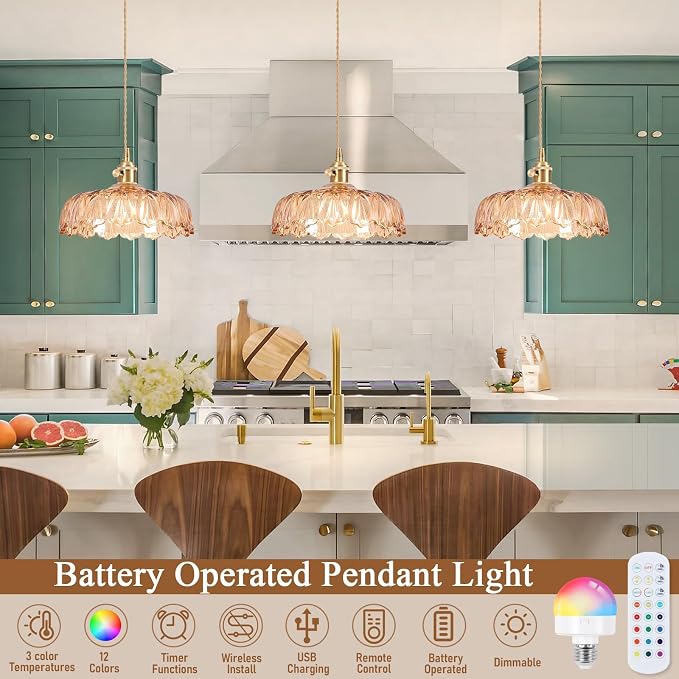 Battery Operated Pendant Light,Vintage Light Fixtures 2500mAh 9.4in RGB Light Bulb Amber Modern Chandelier with Remote Control Wireless Adjustable Rechargeable Chandelier for Kitchen Island 2 Pack