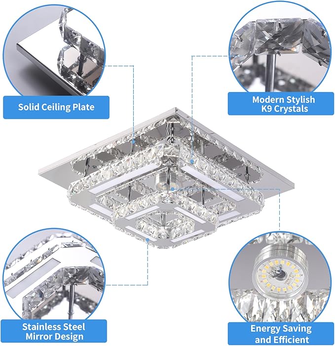 FRIXCHUR Crystal Chandelier LED Crystal Ceiling Light 2 Layers 12 inch Flush Mount Ceiling Light Modern Chandeliers Lighting for Bedroom Hallway Staircase Kitchen Closet (Cool White)