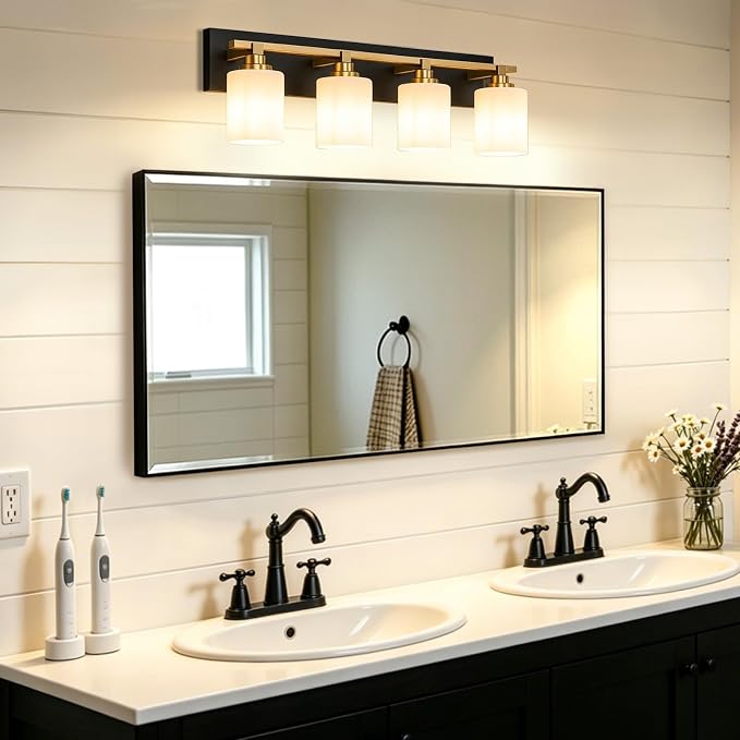 Black and Gold Bathroom Light Fixture, Modern 4 Light Vanity Lights for Bathroom Lighting Fixtures Over Mirror, White Glass Lampshade, Master & Guest bathrooms Bathroom Remodel, 27.5-inch