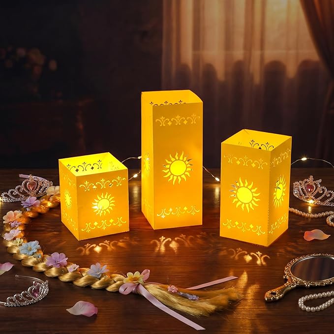 12 Pcs Princess Sun Lantern Centerpieces for Table 3 Size Gold Princess Birthday Cutout Paper Lantern Boxes with Tea Light Candle for Sun Birthday Baby Shower Decor(Cubic)