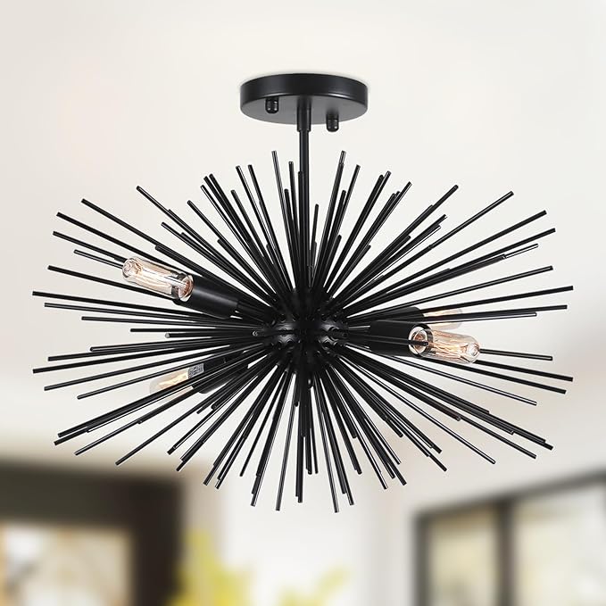20in Black Sputnik Ceiling Light Fixtures Over Table 4-Lights Starburst Sputnik Chandelier Modern Solid Metal Semi Flush Mount Ceiling Light for Bedroom, Kitchen, Hallway, Laundry Room, E12
