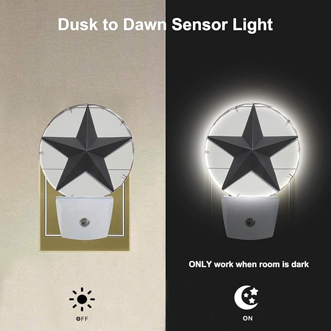 EKOBLA Texas Star Night Lights Plug into Wall Vintage Western Style Retro Star American Led Plug-in Nightlights with Dusk to Dawn Sensor for Home Bedroom Stairway Hallway Kitchen