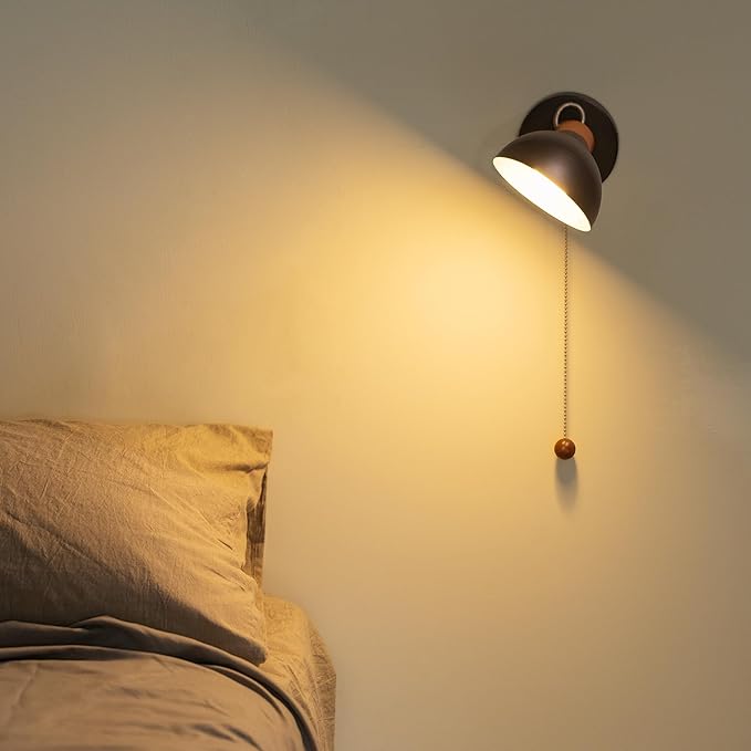 Aisilan LED Wall Sconce with Pull Chain, Adjustable Indoor Wall Light for E12 5W Bulb, Matte Black 3000K Wall Mounted Lighting for Living Room, Bedroom, Hallway