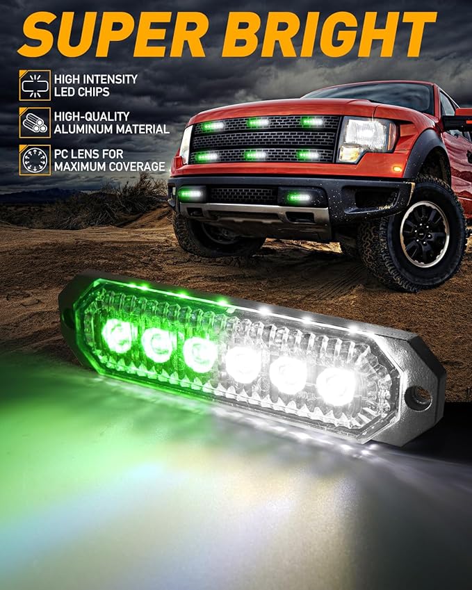 HLauto 406T Emergency Strobe Grille Lights: 4Pcs 6 LED Sync Feature Safety Warning Flashing Light, 12V-24V Ultra Slim Surface Mount Hazard Caution Light for Truck, Vehicle, Car, ATV, UTV (Green White)