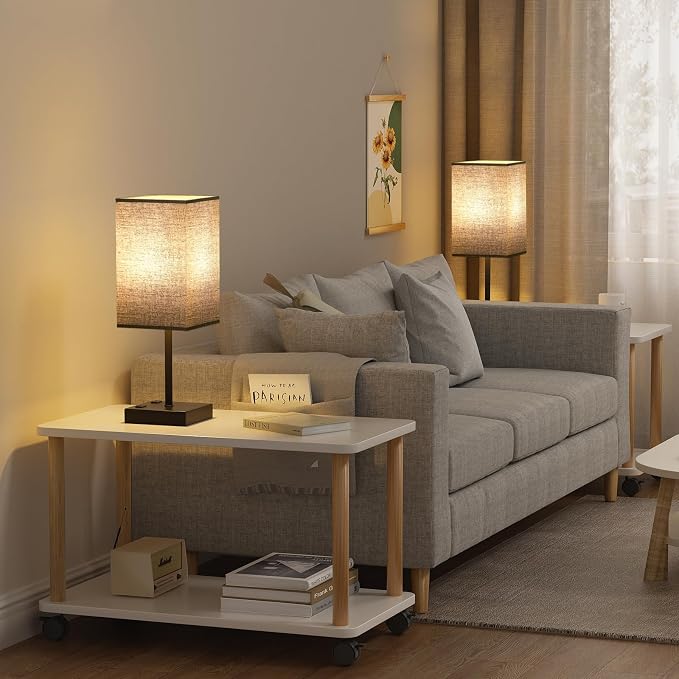 17.4" Black Bedside Table Lamp for Bedroom, Dimmable, USB C+A, 2 AC Outlets | 3-Way Touch Dimming, 3000K Warm White Bulb Included, Nightstand Lamp with Square Linen Shade, Room Decor for Men, Boys, Desk