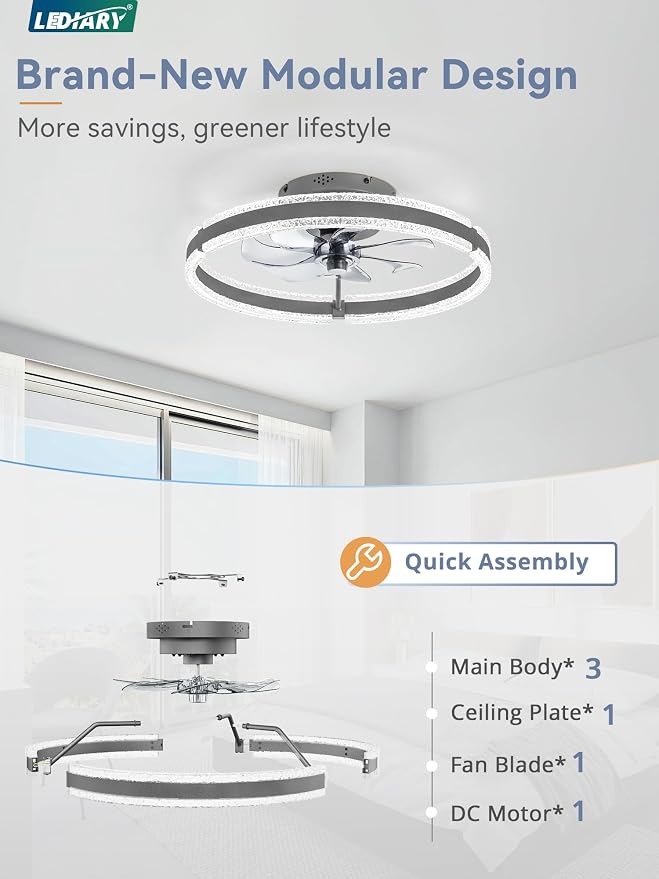 LEDIARY Ceiling Fans with Lights and Remote, 20'' Low Profile Ceiling Fan with Light, 3000-6000K Dimmable Fandelier Ceiling Fans, Modern Flush Mount Fan Light for Bedroom with 6 Wind Speeds-Sandy Gray | 3000-6000K Dimmable LED, 6 Wind Speeds, Quiet Rev...