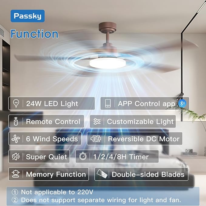 Passky 60 Inch Brown Sleek Ceiling Fans with Lights, Remote Control | 3-color dimmable light, quiet reversible DC motor, easy install, memory, Timer, APP, bedroom, covered outdoor areas