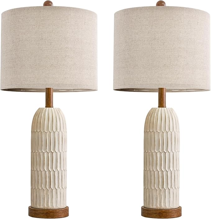 26.5" Bedside Table Lamps Set of 2, Farmhouse Table Lamp with USB A+C Charging Ports,Vintage Nightstand Lamp for Bedrooms and Living Rooms, Retro Resin End Table Lamp with Linen Shade, Brown