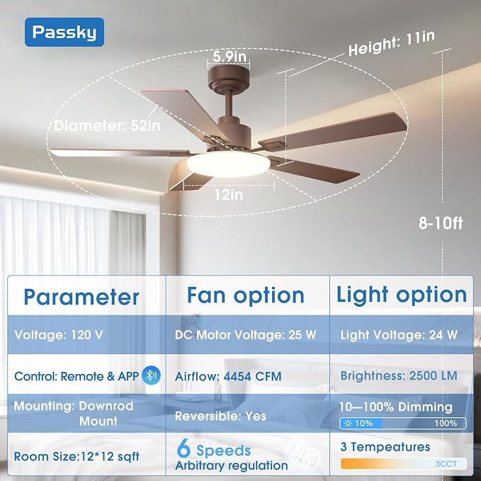 Passky 52 Inch Brown Sleek Ceiling Fans with Lights, Remote Control | 3-color dimmable light, quiet reversible DC motor, easy install, memory, Timer, APP, bedroom, covered outdoor areas