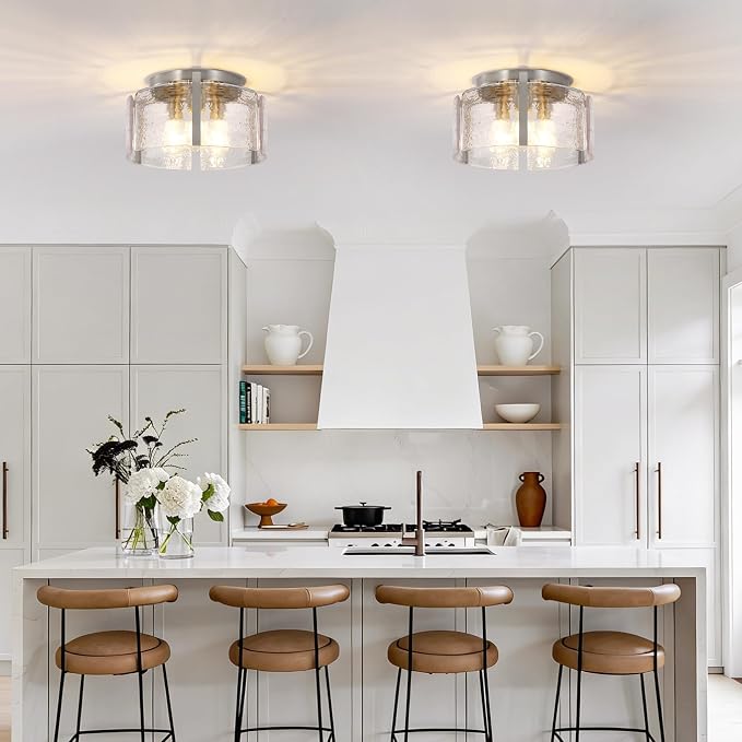 Brushed Nickel 3-Light Semi Flush Mount Ceiling Light, 15'' Modern Dimmable Hallway Fixture with Hammered Glass for Entryway Kitchen Bedroom Bathroom Foyer