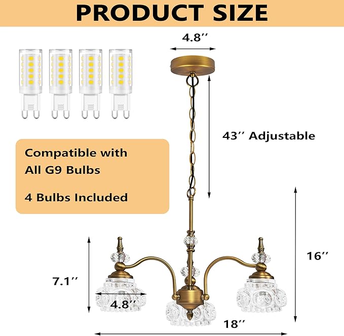 Montex Vintage Brass Pendant Light,Gold Vintage Chandelier Light Fixture 3 Lights,Include 4 Light Bulbs Glass Pendant Light Crystal Hanging Light