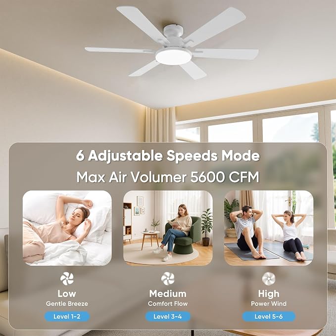 52'' Flush Mount Ceiling Fans with Lights for Living Room, White | 6 Blades, 6 Speeds, MAX 5600 CFM, Remote&APP Control, 3CCT Dimmable LED, All Metal Body, Memory Function, Reversible DC Motor