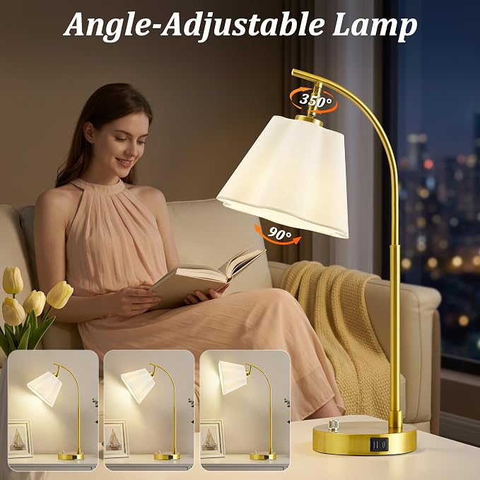 Table Lamps Set of 2, Stepless Dimmable Bedside Lamps with USB A&C Ports | Fabric Shade, Multi-Angle Rotatable Head, Lamps for Nightstand, Side Table, Dorm, Bedroom, Home Office, Elegant Home Decor