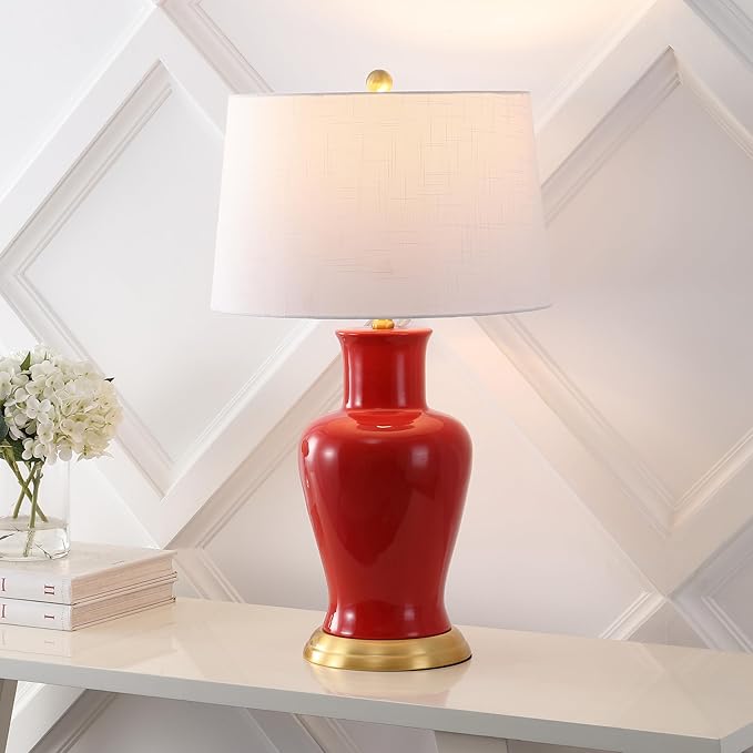 JONATHAN Y 29" Red Traditional Ceramic Urn LED Table Lamp for Bedroom Decor, White Linen Drum Shade, Classic Nightstand Lamp for Living Room, LED Bulb Included (JYL4026G)