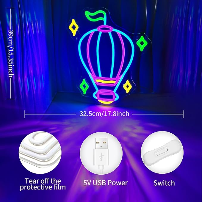 JEDAEMEN Hot Air Balloon Neon Signs for Wall Decor Blue Purple LED Sign | Balloon Neon Lights Led Light Sign Preppy Room Decor Light Up Sign for Birthday Party Decoration USB Powered