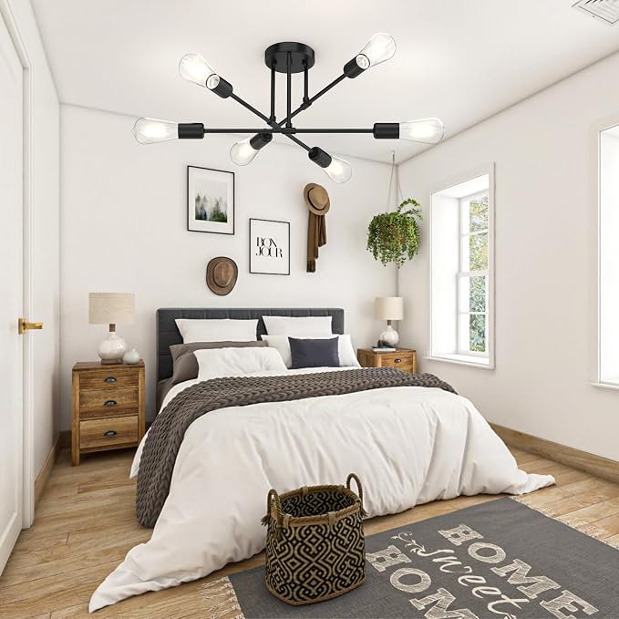 Modern Sputnik Chandelier Ceiling Light Fixtures, 6-Lights 22” Mid Century Industrial Metal Semi Flush Mount for Dining Room, Bedroom, Living Room, 6 T64 Bulbs