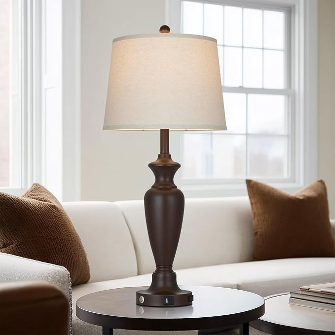 Cinyirong 30" Tall Metal Table Lamps Set of 2, Touch Control Bedside Lamps for Bedroom Nightstand, 3-Way Dimmable Farmhouse Lamp for Living Room with Charging Ports, Brown (2 LED Bulbs Included)