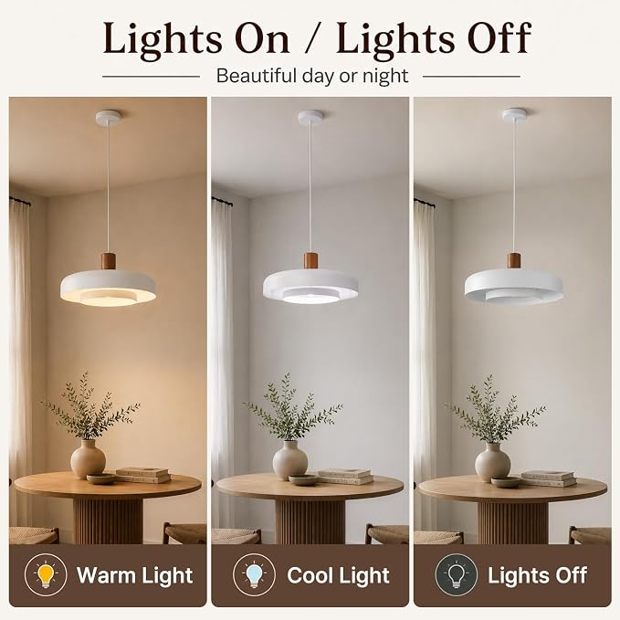 Mid Century White Pendant Light: 20" 2-Tiered Modern Nordic Metal Lighting | Wood Brass Iron Hanging Ceiling Light, Kitchen Pendant Lighting Over Island, Dining Room Bedroom Hallway Entryway Chandelier