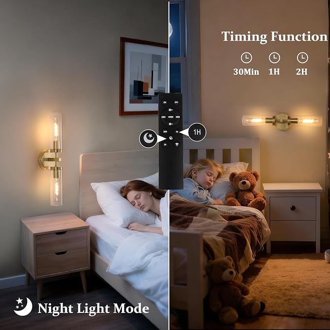 Shenmoyl Battery Operated Wall Sconces Set of Two,21" Gold Rechargeable Wall Lighting Fixtures, Dimmable Wall Lights with Remote & Clear Glass Shade for Living Room,Bathroom,Bedroom
