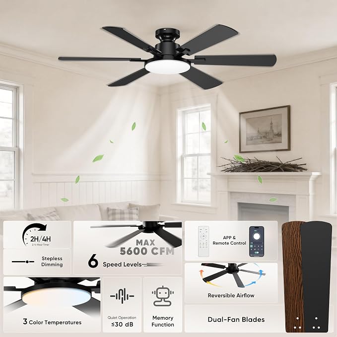 52'' Ceiling Fan with Light Remote/APP Control for Living Room | 6 Blades Dual-Finish, 6 Speeds, MAX 5600 CFM, 3CCT Dimmable LED, All Metal Body, Memory Function, Quiet Reversible DC Motor