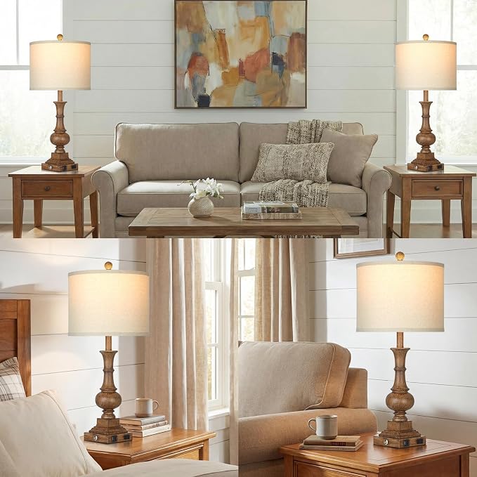 26" Tall Farmhouse Rustic Table Lamps for Living Room Set of 2, Vintage Retro Nightstand Table Lamp with USB C+A Charging Ports & AC Outlet, 3-Way Dimmable Touch Control Bedside Lamp for Bedroom Brown