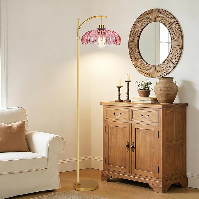 ILLMTW Floor Lamp for Living Room,Bedroom,Gold Dimmable Standing Lamp with Remote,Mid Century Modern Brass Tall Lamp Retro Vintage Pink Glass Lamp Floor Light Boho Bohemian