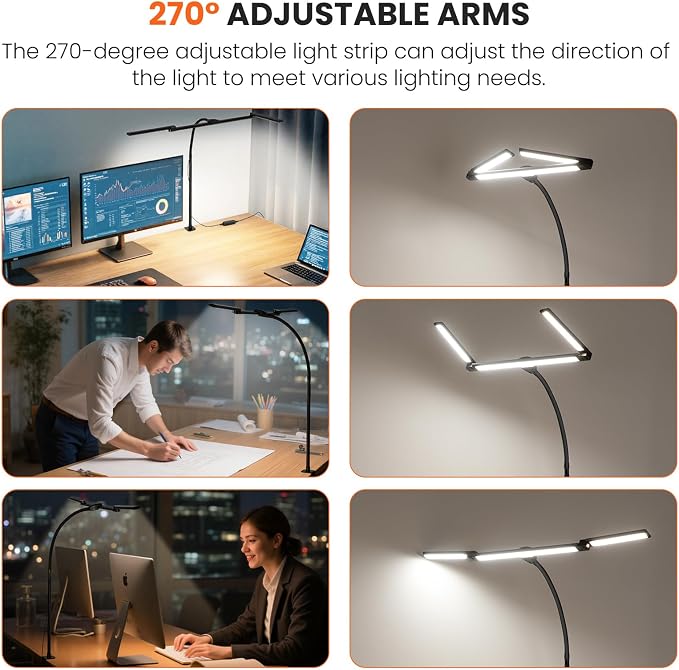 LED Desk Lamp for Office Home, 3 Head Adjustable Desk Light with Adapter | Computer Monitor light Bar Stepless Dimming, Eye Caring Architect Desk Lamp Table Lamp for Reading Study Workbench Black