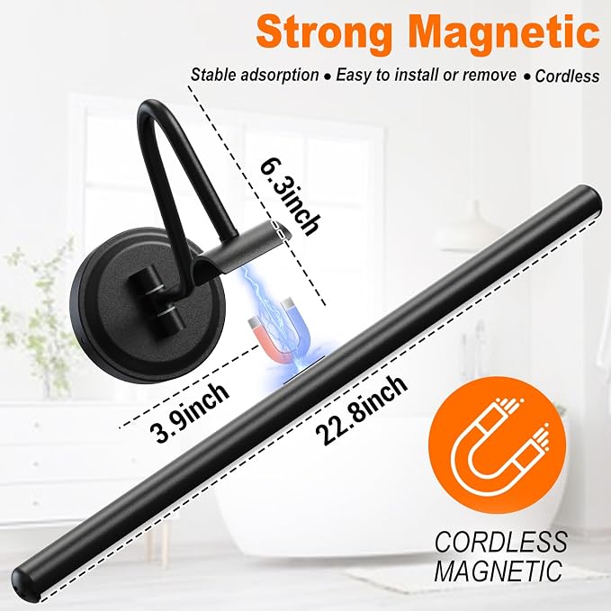 Battery Operated Vanity Lights, Magnetic Mount Bathroom Light Fixture Over Mirror with Remote, Dimmable 3 Color Temp Timer, 22.8 Inch Makeup Mirror Light Bar for Bathroom Bedroom Dressing Table
