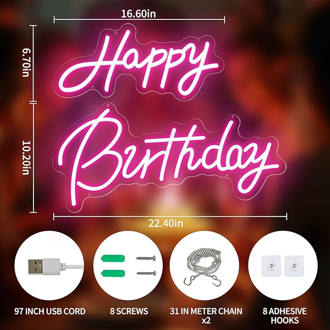 22x16.9 Inch Large Happy Birthday Neon Sign, Dimmable Pink LED Neon Light Sign for Party Backdrop, USB Wall Decor for Bedroom,Reunion,birthday