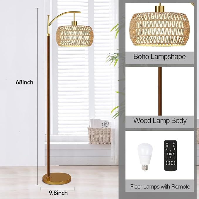ZECOXOL Wood Floor Lamps for Living Room Arc Boho Floor Lamp with Remote Control & 3 Color Temperatures,Vintage Wicker Rattan Standing Lamp Dimmable Tall Floor Lamp for Bedroom Living Room Corner