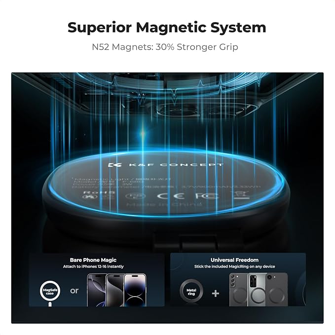K&F CONCEPT Magnetic Selfie Light with 360°Rotation & Mirror, CRI95+ Foldable Phone Ring Light Compatible with iPhone Magsafe/Android, Portable LED Fill Light for Photography/Vlogging
