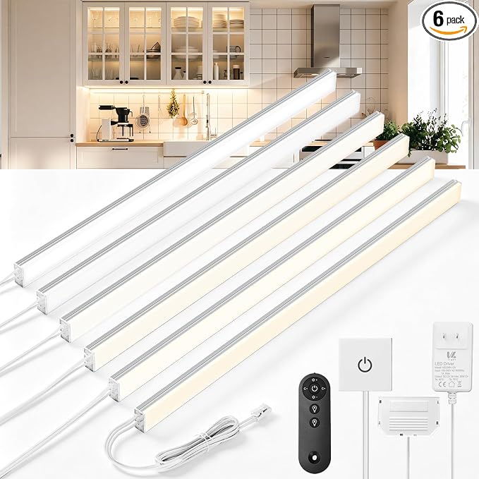 V4light Under Cabinet LED Lighting Bars, 6Pcs Silver, Plug-in, Dimmable | 0.3in Ultra-slim aluminum bars with touch dimmer & remote, 2700K–6500K adjustable, ideal for closet, shelf & display cabinet