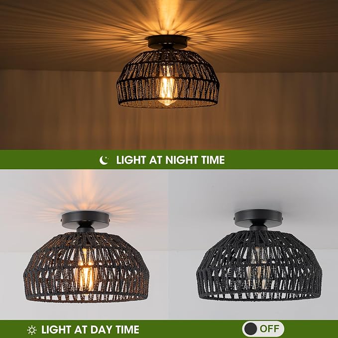 2 Packs Black Boho Light,Rattan Ceiling Lighting Fixtures Small Boho Lamp Shade Flush Mount Ceiling Light Hand Woven Chandelier for Entryway Bedroom Kitchen Nursery Lights