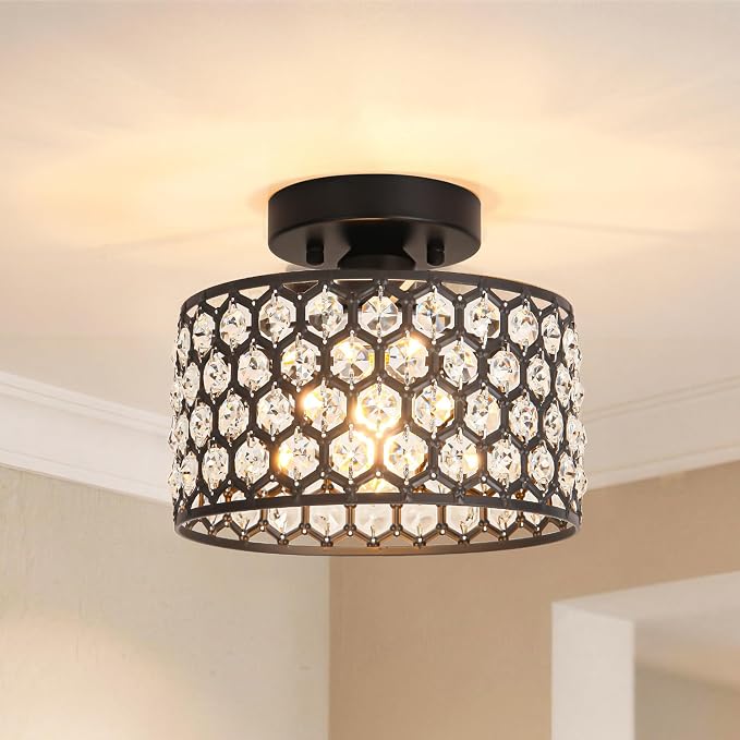 Lxybcce Black Crystal Ceiling Light Fixture - Modern Semi Flush Mount Ceiling Chandelier Lighting for Hallway, Kitchen & Foyer | Dazzling Prism Chandelier with Easy Installation,1 Light, 9 in