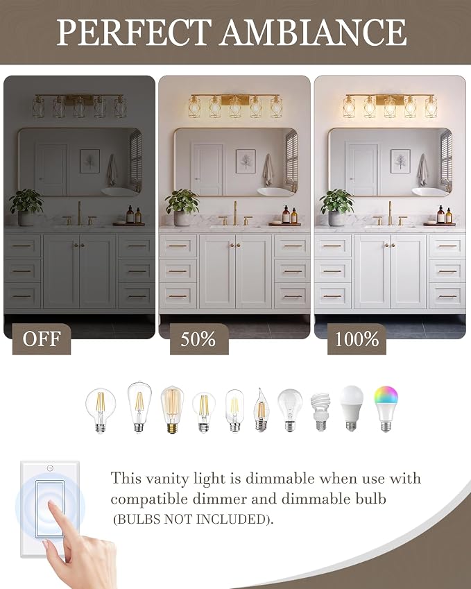 5-Light Brushed Gold Bathroom Light Fixtures Over Mirror, 38" UL-Listed Modern Wall Sconce Lights with Clear Glass and Metal Cage for Bath, Hardwire E26, CH9176BG-5W