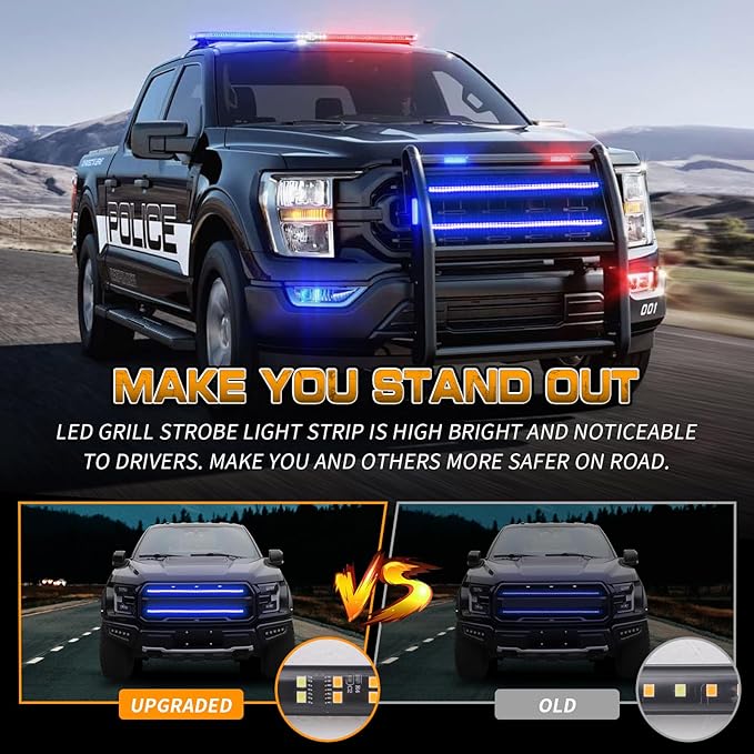 XRIDONSEN 2PCS 30 inch Blue Grill Emergency Lights Strip 360 LED Firefighter Police Lights Exterior Front/Rear Grille Strobe Flashing Warning Safety First Responder Lights for Vehicles Trucks Car