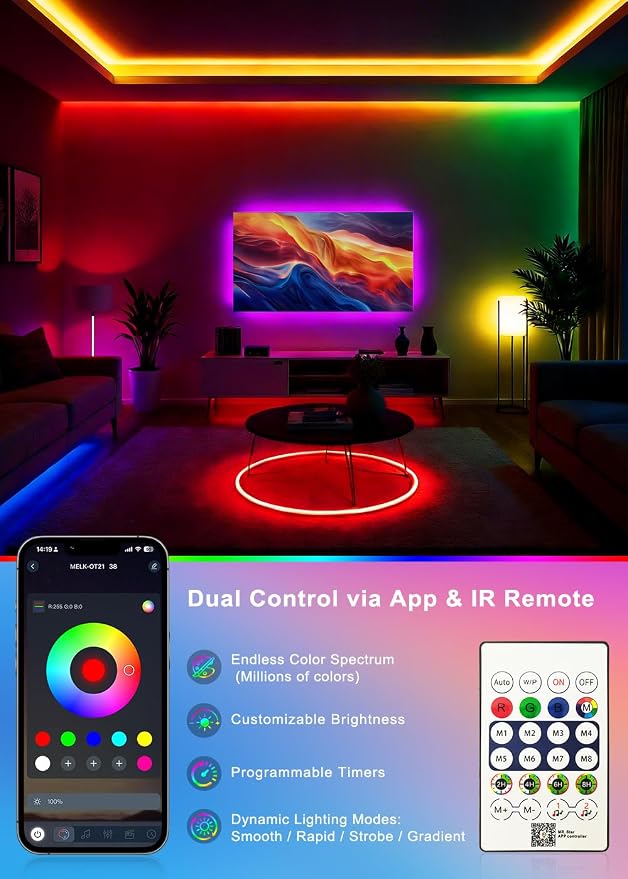 Multi-Color RGB LED Rope Lights 3.28ft 5V USB, Remote & App for Room | Self-adhesive flexible strip, 150+ dynamic effects, TV backlight & room decor, for bedroom/living room/holiday