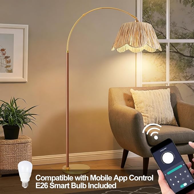 Vintage Arc Floor Lamps for Living Room Farmhouse Wood Floor Lamp with Remote Control,Dimmable Rattan Floor Lamp Boho Standing Lamp with 3 Color Temperature Wicker Tall Floor Lamp for Bedroom Corner