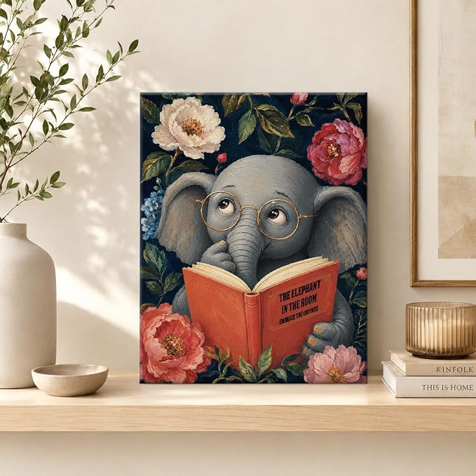 NSFBESSLIA Funny Reading Elephant Painting, Whimsical Vintage Animal Decor, The Elephant In The Room, Humorous Wall Art for Living Room Bedroom Entryway, 8x10 Inch