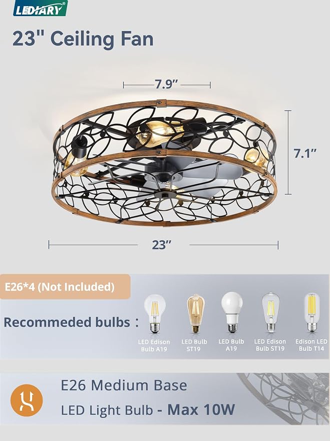 LEDIARY 23" Caged Ceiling Fan with Light, Flush Mount Fandalier with Remote | Low Profile, Farmhouse Large, Bladeless Industrial, Quiet DC Motor, App Control for Bedroom, Kitchen, Dining Room, Walnut